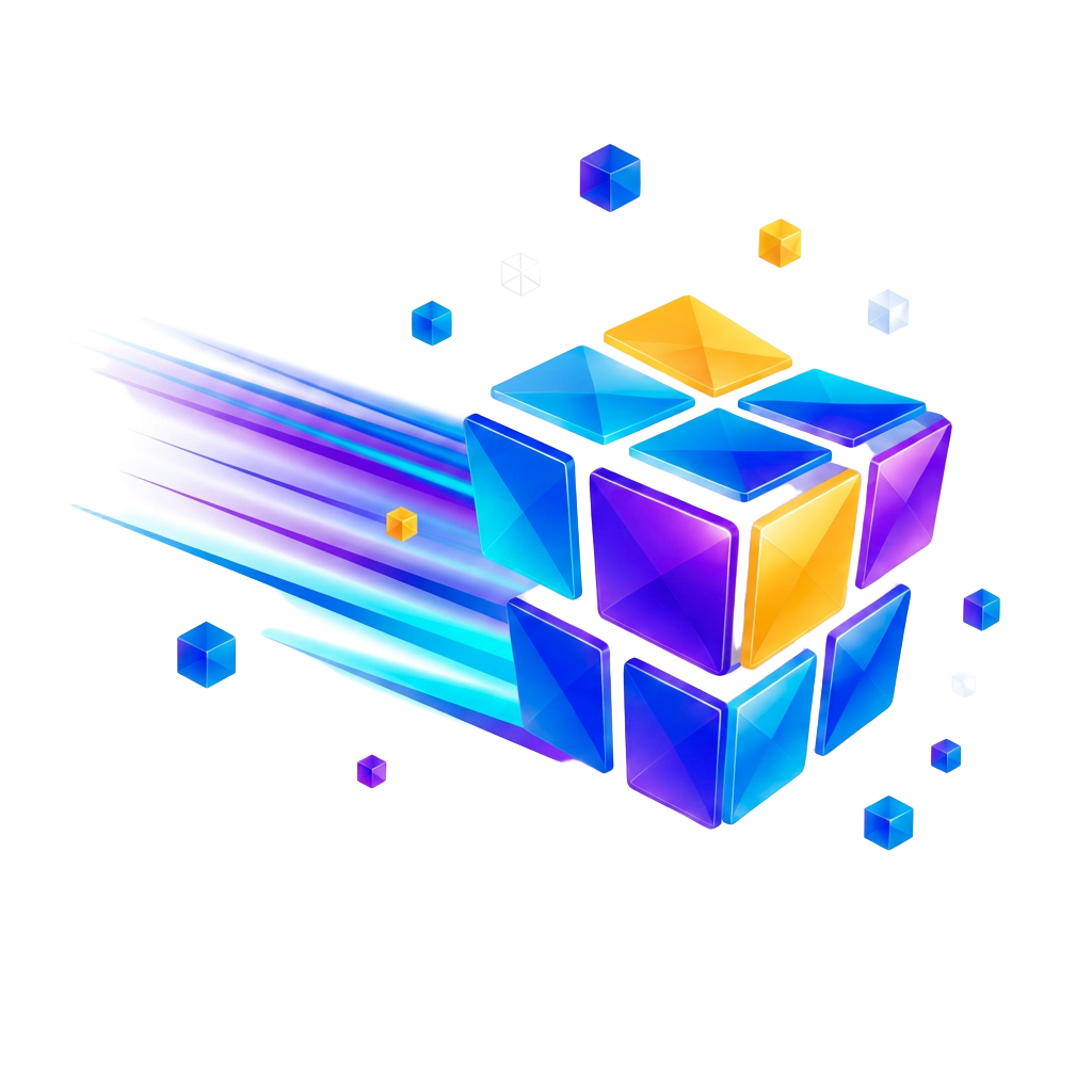 CueWorks cube of blue, purple, and gold blocks with motion light streaks