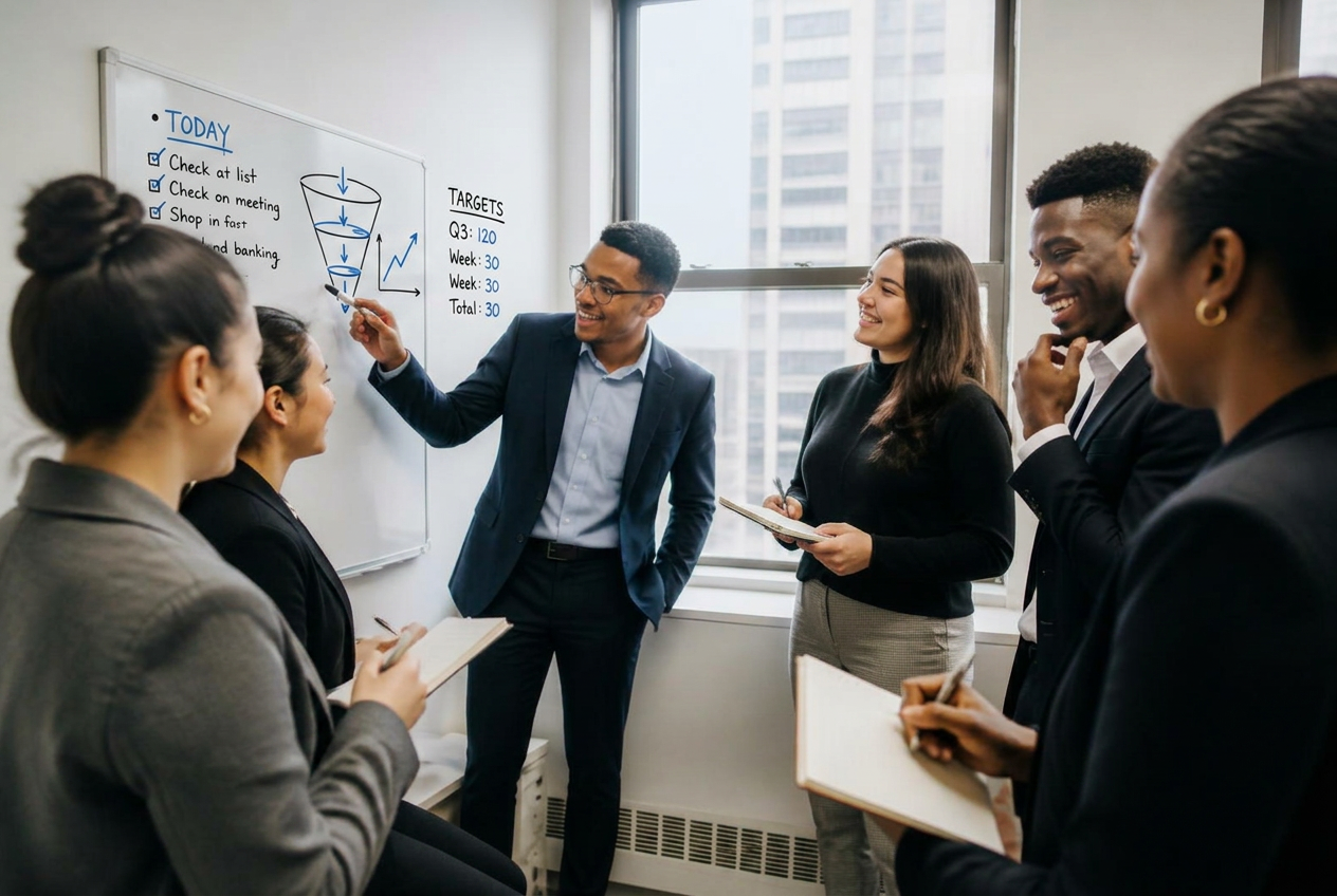 CueWorks team members planning the week's content at a whiteboard